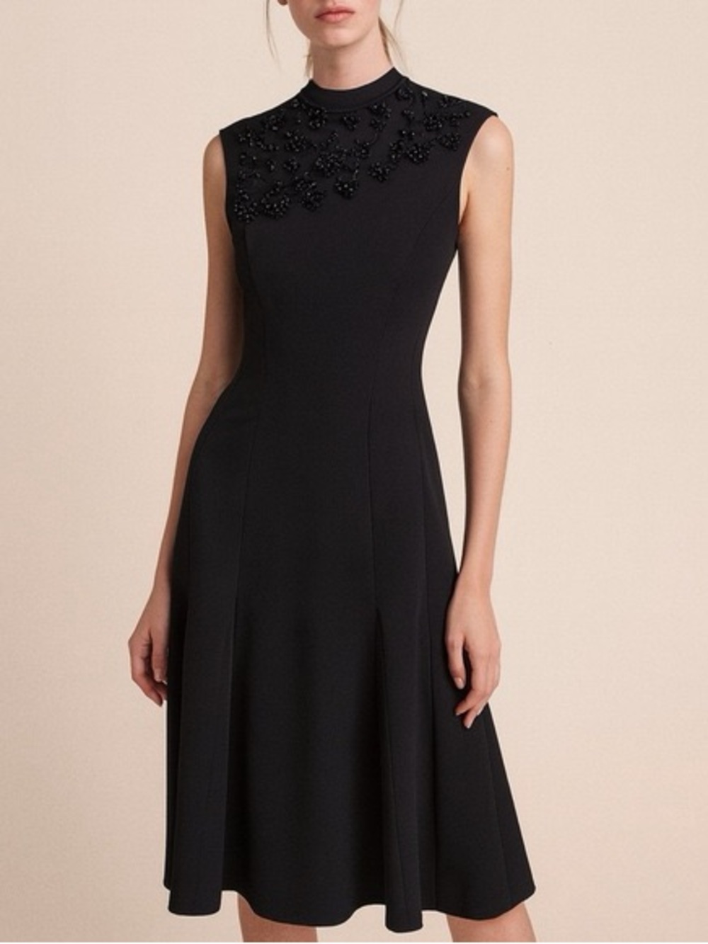 Brooks Brothers Black Sleeveless Beaded Midi Dress Vintage Pleated Fitted Flare